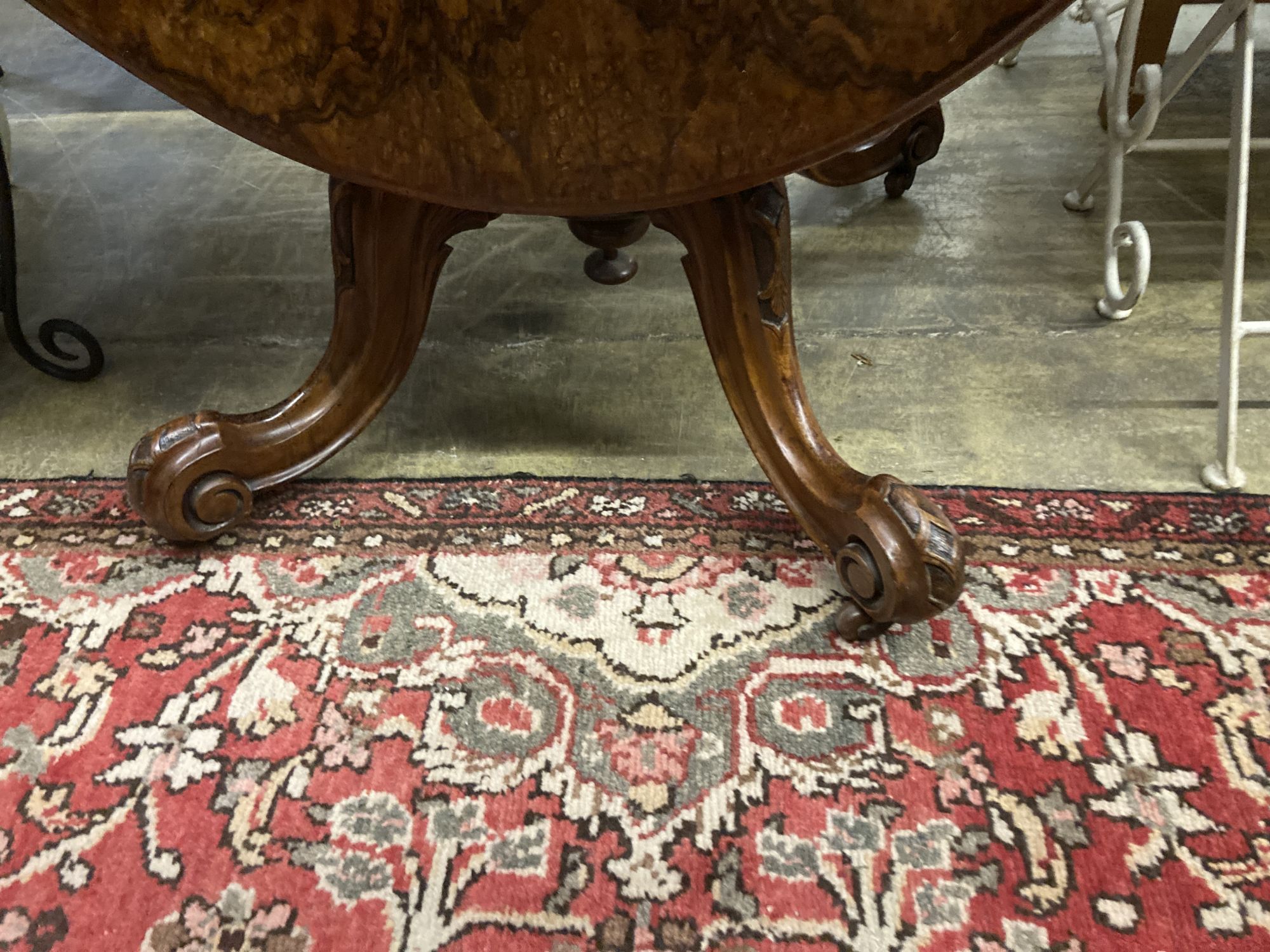 A Victorian burr walnut oval loo table, length 120cm, height 72cm